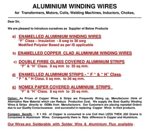 Enamelled Aluminium Winding wires ,  Strips, Fibre Glass Strips,  Uninyvin Cables, Control Panel Cables 